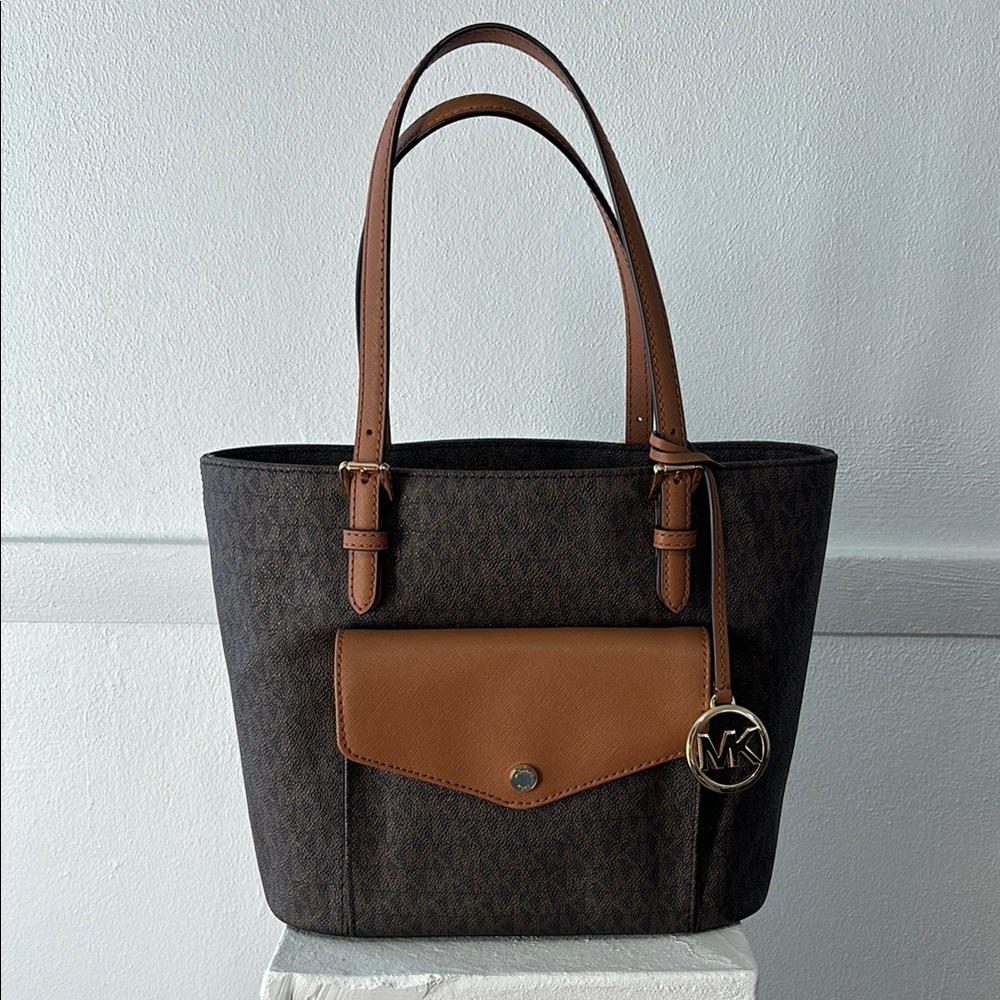 Michael Kors Jet Set Medium Logo Pocket Tote Bag - Brown Tan - Sold Out Style